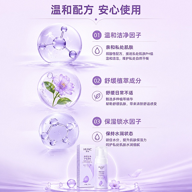 [第3屏] 成分功效解析页，温和配方原理展示。
[氛围/风格] 专业科研质感，浅紫通透背景，干净简约，成分元素清晰突出。
[元素布局] 页面主视觉为三个大尺寸成分相关图形，从上到下排列：1. 温和水分子分子3D图形占30%画面，2. 舒缓护理成分示意图形占30%画面，3. 保湿因子图形占20%画面；每个图形旁配文字说明，整体成分元素合计占比超过70%画面，底部放置缩小版产品图；产品结构与输入图保持一致。
[光影质感] 柔和漫射光，成分图形带有通透光感，边缘清晰，信息呈现干净不杂乱。
[配色色系] 全局底色 #F5F0F8；主色浅紫渐变；辅助色白色高光、深紫色文字标注。
[视角构图] 纵向中心构图，成分元素从上到下递进呈现，阅读动线清晰。
[文字版式] 顶部主标题「温和配方 安心使用」，居中；每个成分图形旁配短句说明：「亲和私处肌肤」「舒缓日常不适」「保持水润状态」，文字清晰，字号适中，不遮挡核心元素。
[比例分辨率] 1:1 方图比例，宽度1080px，高度1080px，4K分辨率，文字清晰可辨，高清画质。
[负向提示词] 医疗术语，夸大功效，低俗内容，文字过小，元素杂乱，水印，变形。