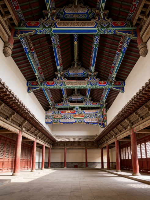 重新生成：结合张掖大佛寺古木构殿堂的大跨度空间、斗拱结构营造手法和庄严肃穆宗教氛围，提取古建木构、传统彩绘和雕刻纹样元素，生成一张体现当地佛教文化特色的室内空间设计意向图，还原古建的空间流线与厚重历史预览效果