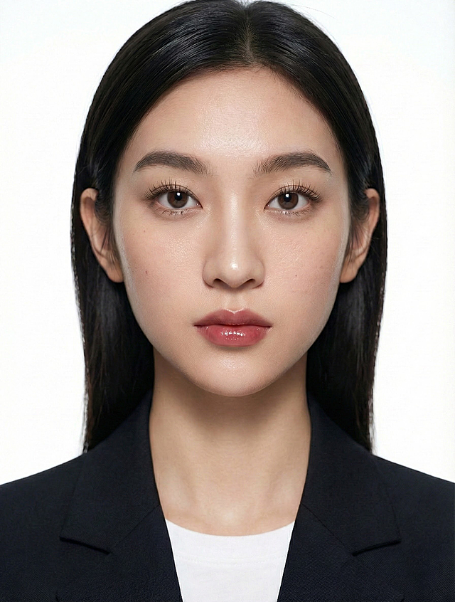 妆容精致，中长睫毛，唇部滋润，