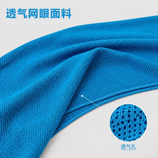 [主图-2] 网眼细节展示图-披肩防晒斗篷面料细节特写；保持原产品湖蓝色网眼材质、结构、颜色与输入产品图绝对一致，杜绝任何变形和色差。商品主体占比严格控制在65%左右；画面满屏无边框。[氛围风格] 专预览效果