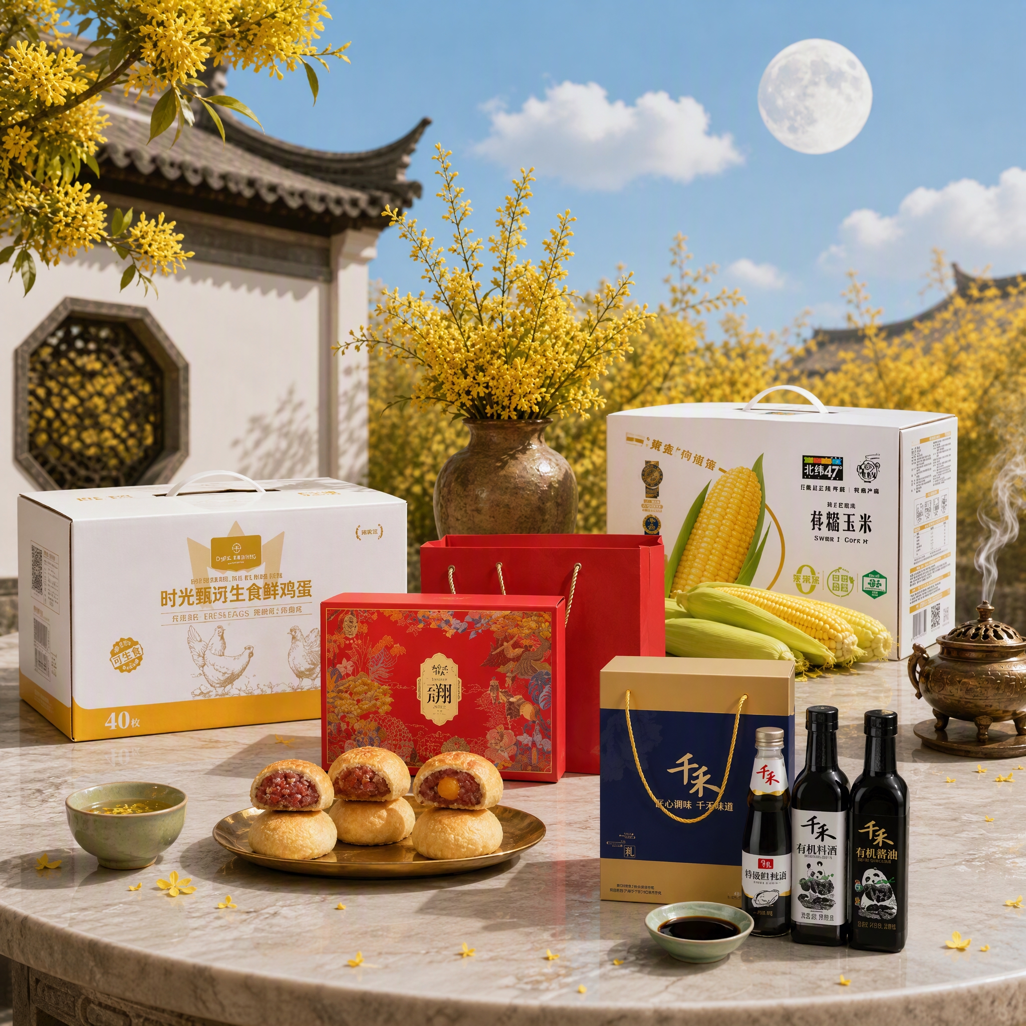超写实产品摄影，明亮晴朗白天，中秋节日氛围。场景完全参考图5的… - 图片创意预览