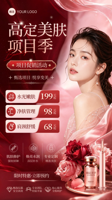 医美行业美肤项目促销活动宣传红色高端感竖版海报预览效果