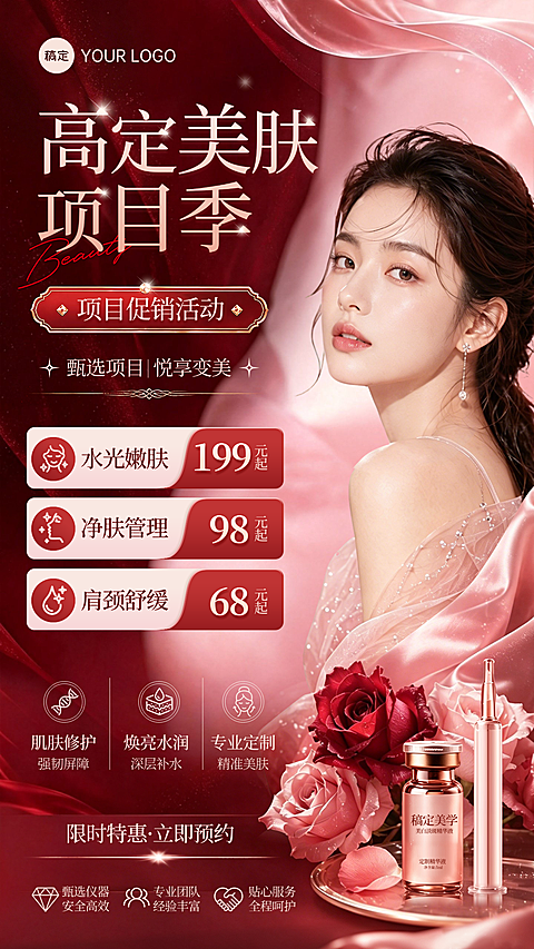 医美行业美肤项目促销活动宣传红色高端感竖版海报