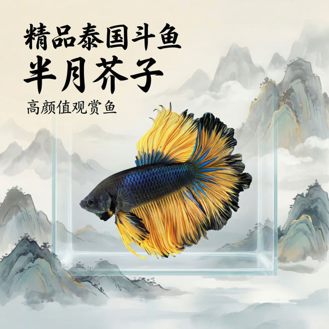 [主图 1] 精品泰国斗鱼半月芥子观赏鱼首图
[氛围/风格] 中式国风，传统雅致氛围，真实摄影质感
[画面元素] 商业摄影质感、光线柔和通透、产品清晰真实、画面干净高级。泰国斗鱼半月芥子居中展示，保持预览效果