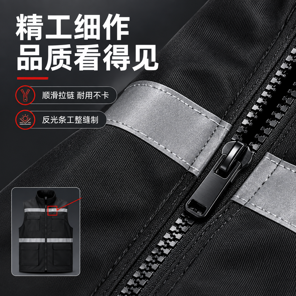 [主图-3] 顺丰马甲拉链与反光条细节特写图，展示做工品质。… - 图片创意预览