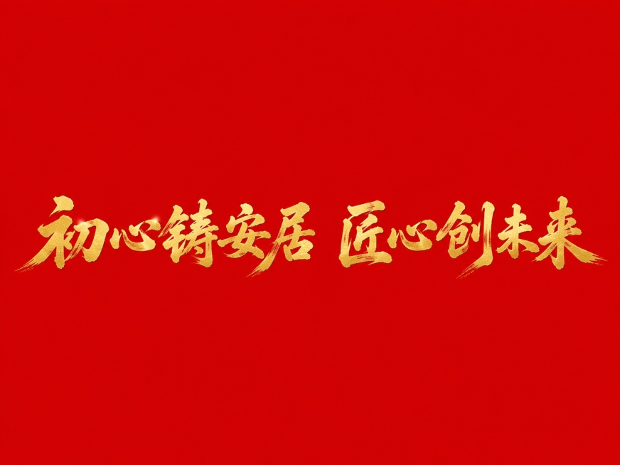 干净的正红色背景。平面艺术字体设计，八个字"初心铸安居 匠心创未来"，所有文字单行横向排列，大气书法行楷体，毛笔书写，笔触浑厚有力，笔势行云流水一气呵成，纯金色字体，带有墨迹飞白细节，所有文字完整呈现预览效果