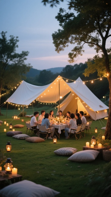 傍晚户外露营场景，白色帐篷下人们围坐在餐桌旁聚餐，帐篷顶部和四周悬挂着温暖的串灯，周围点缀着点燃的蜡烛和灯笼，营造出温馨浪漫的氛围，绿色草坪上散落着舒适的坐垫和靠枕，树木的枝叶在灯光下形成柔和的阴影，整体色调温暖，光影层次丰富，充满自然惬意的露营生活气息。预览效果