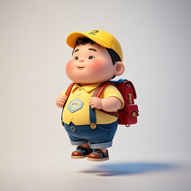 2岁男孩，胖胖的，角色设计，，3d可爱，白色背景，黄色帽子，红色书包，黄色上衣，蓝色背带裤预览效果