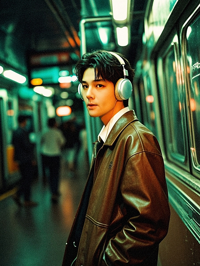 时尚潮流city pop风，霓虹灯下都市夜景，耳机青年尽显前卫个性。