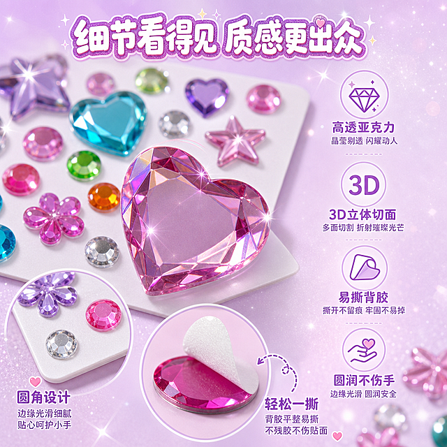 1:1正方形电商主图，甜美可爱马卡龙清新风，水晶肌理质感。背景为浅薰衣草紫到淡粉紫柔和渐变，左上侧精准柔光打亮钻面切面，整体通透高级。严格还原参考图中钻贴造型、配色、切面结构等所有细节，保留白色包装底板，不展示表面透明塑料皮、塑封反光与包装褶皱，单张贴纸底板6cm×5cm。画面采用微距细节构图，前景放大一颗爱心钻的3D立体切面作为核心特写，清晰呈现高透亚克力材质的通透质感、工整刻面纹理与锐利明亮高光，切面边缘带紫粉虹彩光斑；旁侧搭配半撕开背胶的细节展示，直观呈现背胶平整、易撕不残胶的特点；角落补充圆润边角的局部特写，突出边缘光滑不伤手的工艺细节。背景错落点缀少量星星款、花朵款钻贴作为衬托，所有钻面均呈现明亮折射光与细碎闪粉，精致质感突出。字体采用促销氛围气泡可爱文字加简约标注字体，清晰有层级；画面顶部居中放置主标题"细节看得见 质感更出众"，白色填充搭配浅紫玫粉粗描边，带细碎闪粉点缀；画面侧边用可爱小图标搭配小字，对应标注"高透亚克力""3D立体切面""易撕背胶""圆润不伤手"四个核心细节。整体以微距细节为核心，将材质与工艺卖点可视化，精致感强，风格统一。