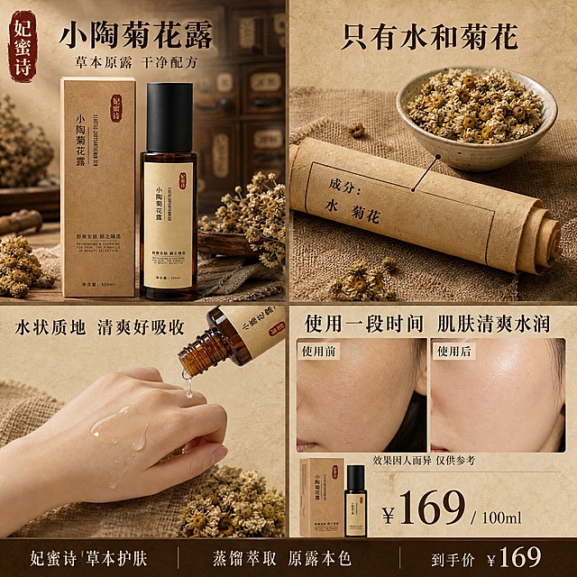 淘宝天猫1:1电商主图，商品为妃蜜诗小陶菊花露，中药草本复古风格，整张图整合产品展示、质地展示、使用反馈、成分介绍四大模块。

【统一视觉基调】整体中药铺复古风格，主色为牛皮纸暖棕、深褐、米黄、赭石色，点缀干菊花的淡黄与草本绿；背景为做旧牛皮纸纹理、旧木柜、麻布、干草药束等中式中药铺元素，光线为柔和自然光从左上方斜射，暖调柔光，有自然投影，质感温润古朴；字体为宋体/细衬线体，主标题深褐色粗宋，辅助文字深棕宋体，字号层级分明，文字排版规整有古方典籍感。

【画面整体布局】采用四宫格整合式构图，1:1正方形画面：
- 左上区（约占画面40%宽40%高）：产品主展示区。妃蜜诗小陶菊花露棕色玻璃瓶+牛皮纸盒并排站立，瓶身标签文字清晰可读，产品占该区60%，周围点缀晒干的野菊花、干草药枝、麻布片、旧木托盘，背景为虚化的中药柜抽屉。左上角放品牌印章式Logo「妃蜜诗」。该区顶部大标题「小陶菊花露」，下方小字「草本原露 干净配方」。
- 右上区（约占画面60%宽40%高）：成分干净展示区。标题「只有水和菊花」为该区最大文字，下方展示晒干后的中药样子——一小堆干野菊花放在旧瓷碗里，旁边放一卷古方卷轴，卷轴上写「成分：水 菊花」，用引线指向干菊花，强调成分极简、草本中药感，不写具体种数和功效。背景为麻布纹理。
- 左下区（约占画面40%宽60%高）：质地展示区。标题「水状质地 清爽好吸收」，画面展示一只女性的手（手背朝上，肤色自然，手指修长干净），掌心滴有几滴透明的菊花露液体，液体呈水状清透流动感，旁边斜放着打开瓶盖的菊花露瓶（瓶口朝下正在滴液），展示产品内部是水状质地。手的下方垫一片干菊花和麻布，背景为浅米色牛皮纸。
- 右下区（约占画面60%宽60%高）：使用反馈对比区。标题「使用一段时间 肌肤清爽水润」，左右分栏展示使用前后的局部皮肤特写对比（同角度同光线，仅展示脸颊/额头局部皮肤，不展示全脸），左侧标注「使用前」皮肤偏干暗哑，右侧标注「使用后」皮肤更水润透亮，对比温和不夸张，下方小字标注「效果因人而异 仅供参考」。对比图下方放产品小图和「169元/100ml」价格标签，价格数字放大突出。

【底部通栏】画面最底部一条深棕色窄通栏，左侧写「妃蜜诗 草本护肤」，中间写「蒸馏萃取 原露本色」，右侧写「到手价 ¥169」。

【光影质感】商业静物摄影质感，主光左上方45度柔光，产品有自然高光和接触阴影，玻璃瓶体现通透感和液体折射，牛皮纸盒有纸张纹理，干菊花有干枯花瓣细节，手部皮肤真实自然，整体暖调复古中药铺氛围。

【文字清单（全部上图可见）】
- 品牌：妃蜜诗
- 产品名：小陶菊花露
- 主标语：草本原露 干净配方
- 成分区标题：只有水和菊花
- 成分说明：水 菊花
- 质地区标题：水状质地 清爽好吸收
- 反馈区标题：使用一段时间 肌肤清爽水润
- 对比标签：使用前 / 使用后
- 备注：效果因人而异 仅供参考
- 价格：¥169 / 100ml
- 底部：蒸馏萃取 原露本色

【输出要求】1:1正方形，2K分辨率，产品外观与输入图完全一致（棕色玻璃瓶、黑色瓶盖、米黄色标签文字、牛皮纸盒包装），文字清晰可读无错字，画面干净不杂乱，整体中药复古风格统一。禁止出现：平台Logo、水印、二维码、极限词、医疗功效宣称、夸张对比、畸形手指、产品变形、模糊失焦。
