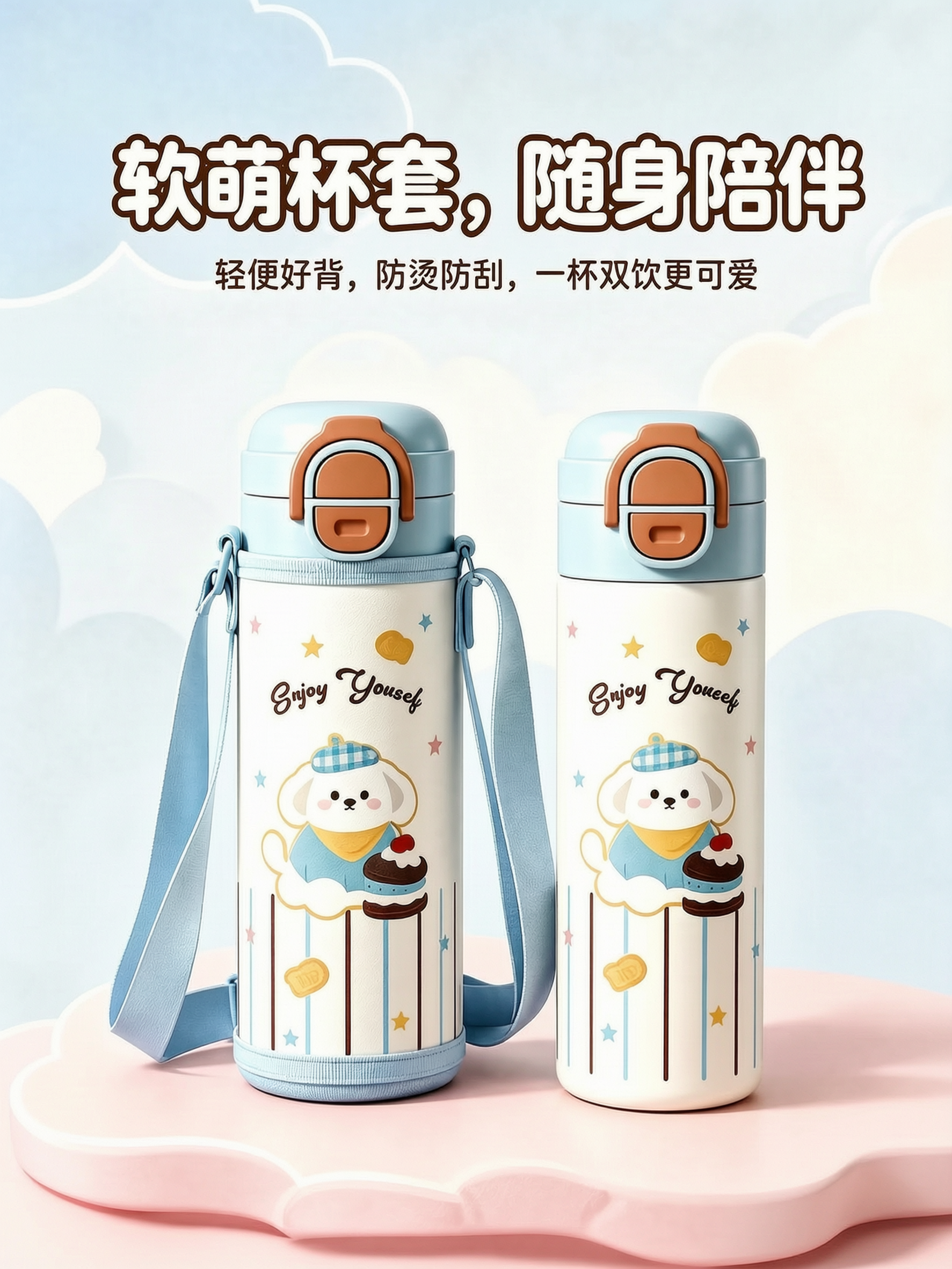 保留顶部两行文字：第一行"软萌杯套，随身陪伴"，第二行"轻便可… - 图片创意预览