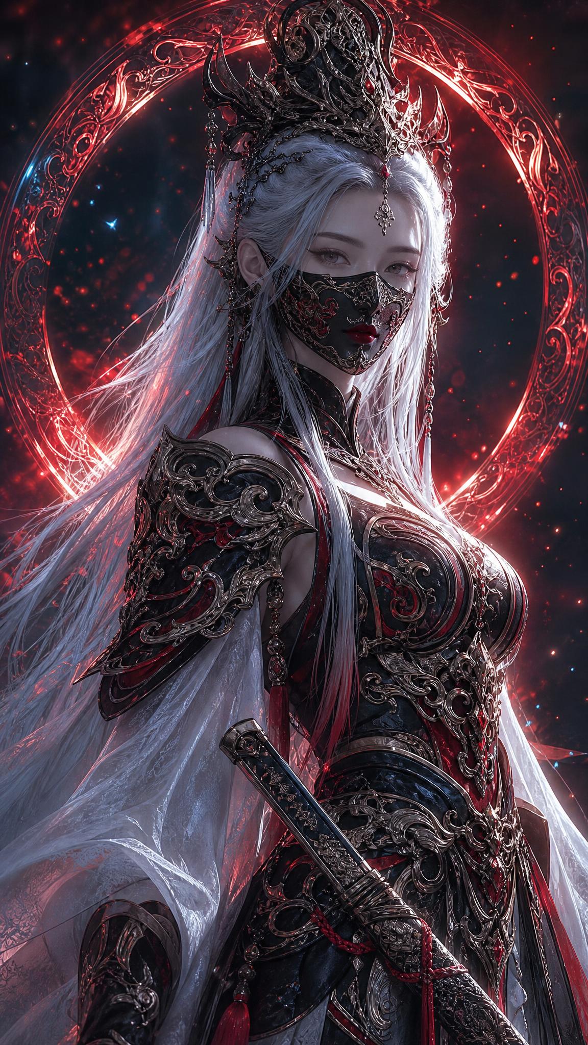 古风玄幻女战神，半身人像，雪白柔顺超长直发，华丽繁复银黑雕花头… - 图片创意预览