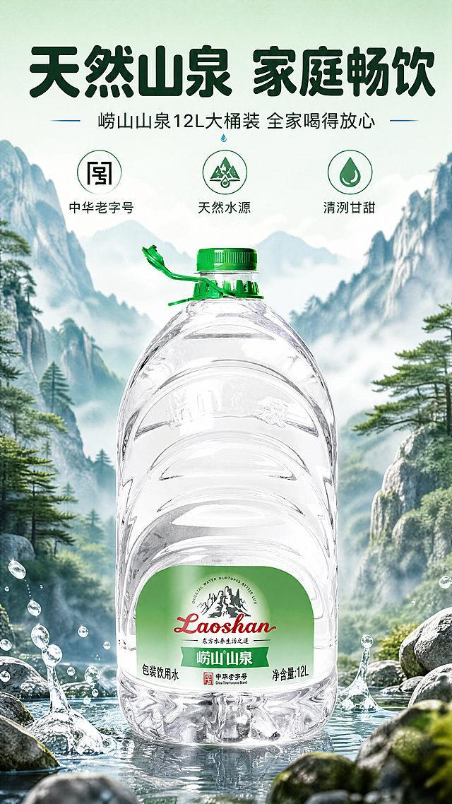 [商品] 使用【图1】崂山山泉12L包装饮用水；保留透明PET大桶身、绿色瓶盖与提手、绿色标签、Laoshan红色英文字体、"崂山山泉"中文、"中华老字号"标识、"净含量:12L"、"包装饮用水"等所有瓶身文字与Logo；不改变瓶身结构、比例、颜色和材质，瓶身标签文字清晰可辨。
[画面] 头图海报型，目标突出天然山泉家庭装产品全貌与核心利益；上文下图构图，上方35%为标题区，下方65%为产品主体；产品占画面60%，居中偏下放置，瓶身正面朝向观众；前景有少量清澈水花与水珠点缀，中景为产品本体，背景为虚化的崂山山峦与松林剪影，山间有薄雾，营造天然山泉水源地氛围；≥3层环境元素。
[视觉] 套系策略：风格=清新自然山系商业摄影风；标题字=粗黑体带圆润边角；正文字=简洁无衬线体；主色=山泉绿（取自瓶身标签绿色）；背景延展=基于山泉绿做深浅渐变、山水云雾质感与通透水感层次；强调色=山涧蓝，仅用于小面积图标、引线和标签点缀；标题色=深墨绿；正文色=深灰绿；组件=圆角半透明信息卡、细线引线、水滴形图标；光影=左前侧柔和自然光，瓶身有通透高光，底部有柔和倒影。
[文字] 顶部居中主标题"天然山泉 家庭畅饮"，副标题"崂山山泉12L大桶装 全家喝得放心"，下方配3个短卖点icon："中华老字号""天然水源""清冽甘甜"；文字全部横向排版，不遮挡瓶身主标签和Logo。
[规格] 图片比例9:16竖版，4K，负向提示：避免瓶身变形、标签文字错乱、极限词、冷蓝灰主背景、产品比例失真、文字竖排或斜排。