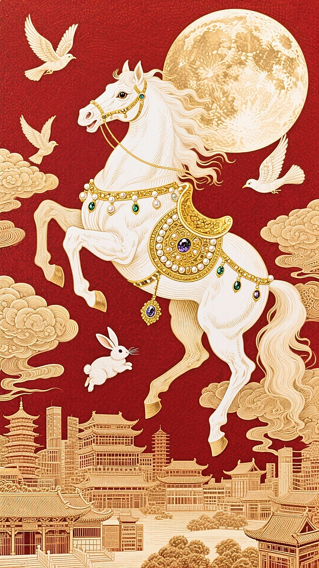 一只巨大的白马（佩戴金色，珍珠和宝石点缀的马鞍，）呈飞天姿势，马的眼睛珠光效果，浑身金色发光拉丝效果，白鸽飞舞与兔子具有互动，底部微缩的繁华的中式+现代的建筑群后，祥云环绕，背后巨大的月亮，非常规构图，金色+红为主色调
