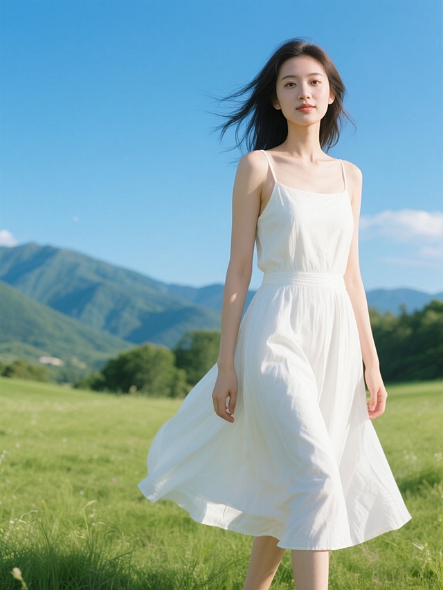 在晴朗的蓝天下，一片绿色的草地和远山作为背景，一位长相不同的女子，她有着全新的面容，正以自然的全身姿势站立，脸上带着自然放松的表情，她穿着时尚的白色连衣裙，裙摆随风轻轻飘动，整体画面呈现出清新自然的氛围，充满夏日的感觉，阳光明媚，光线明亮柔和，人物的头发被风吹起，显得飘逸灵动，整体构图和谐，突出人物的全身形象和周围的自然景色。