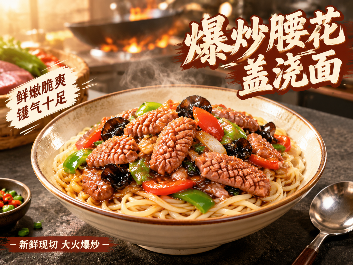 [主图-2] 爆炒腰花盖浇面首图，核心任务是展示腰花的脆嫩口感… - 图片创意预览