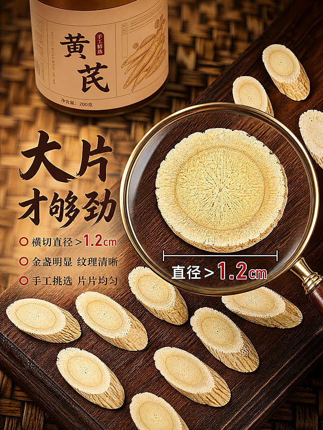 [第3张] 品质细节专页-黄芪大片横切面直径>1.2cm。本张使用【图4】【图5】作为黄芪片细节特写素材。
[氛围/风格] 微距品质感，细节控种草，商业微距摄影质感。
[元素布局] 画面中心偏右为放大镜特写效果，镜中是一片圆形黄芪横切面，清晰展示同心圆纹理和金盏银盘结构，镜下有横向标尺线标注直径>1.2cm；周围桌面散落10-12片黄芪斜片，大小均匀排列在深木色托盘上；左上角放一小罐黄芪产品作关联（罐子外观不变）。背景为竹编纹理虚化。
[光影质感] 暖侧光微距打光，黄芪片切面通透有层次，纹理纤维清晰可见，木质托盘有自然木纹。
[配色色系] 全局底色深木棕#8B5A2B；主色米黄黄芪本色；字色深棕#3E2723。
[视角构图] 俯视45°，放大镜为视觉焦点，阅读动线从中心放大镜向四周扩散。
[文字版式] 左侧大标题「大片才够劲」，粗书法字深棕色；下方三行卖点「横切直径>1.2cm」「金盏明显 纹理清晰」「手工挑选 片片均匀」，每行配一个小红圈icon。数字「1.2cm」朱红色放大。
[比例分辨率] 3:4竖版比例，4K分辨率，细节锐利清晰。
[负向提示词] 模糊，变形，错字，水印，医疗功效词，斜片当横切面