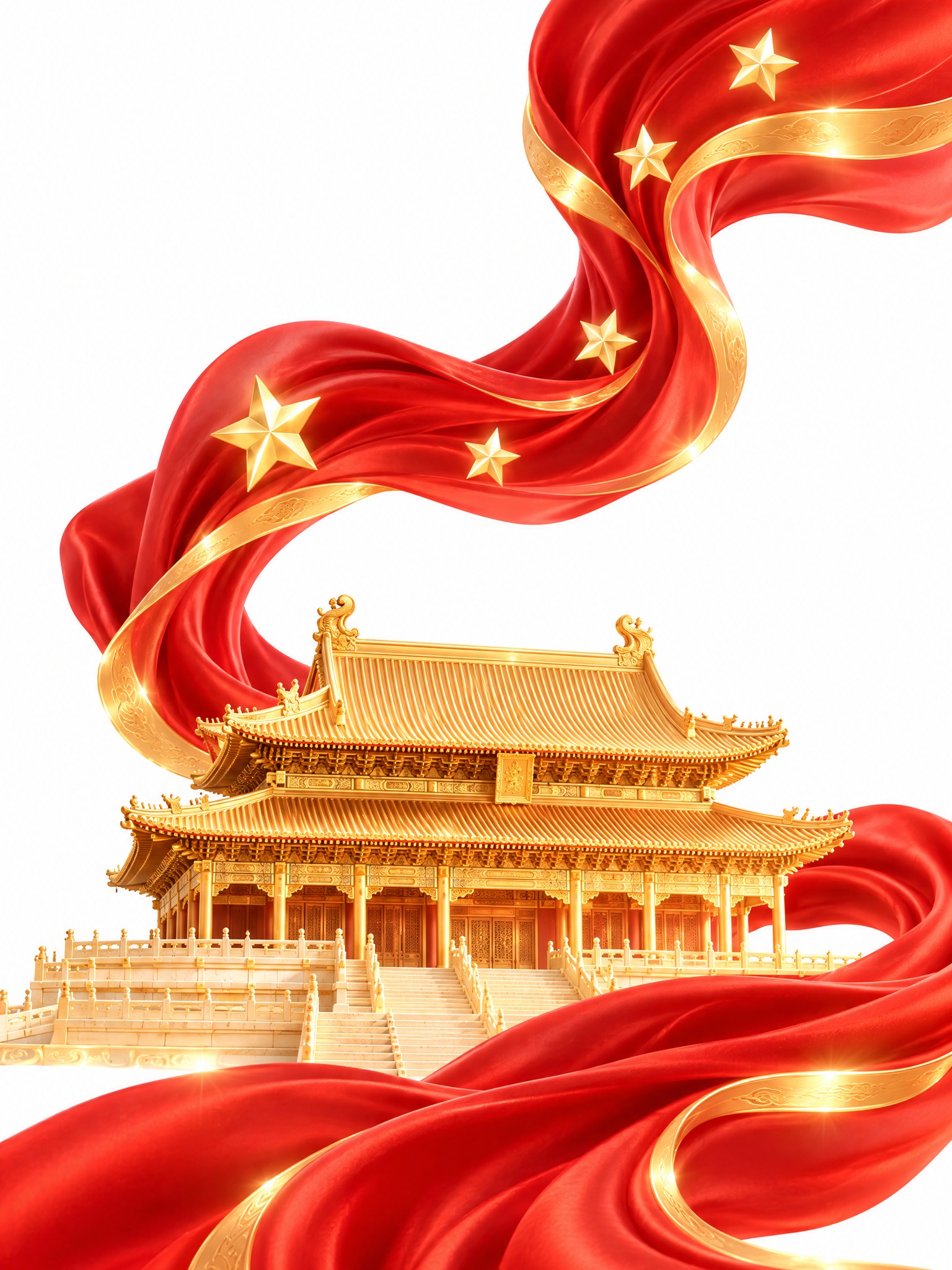 参考图风格：3D渲染，金色中国古典宫殿建筑，红色丝绸飘带缠绕，… - 图片创意预览
