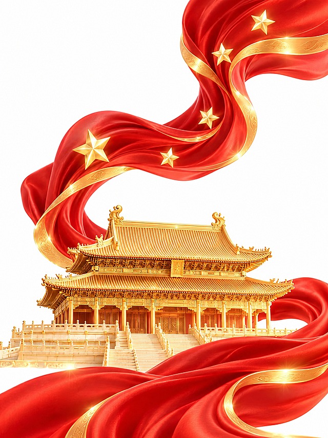 参考图风格：3D渲染，金色中国古典宫殿建筑，红色丝绸飘带缠绕，金色五角星点缀，纯白背景，精致细腻的质感，柔和的光影效果，国潮风格，高端大气。重新生成画面内容，保留整体风格和元素构成，调整建筑细节和飘带形态，创造全新的构图