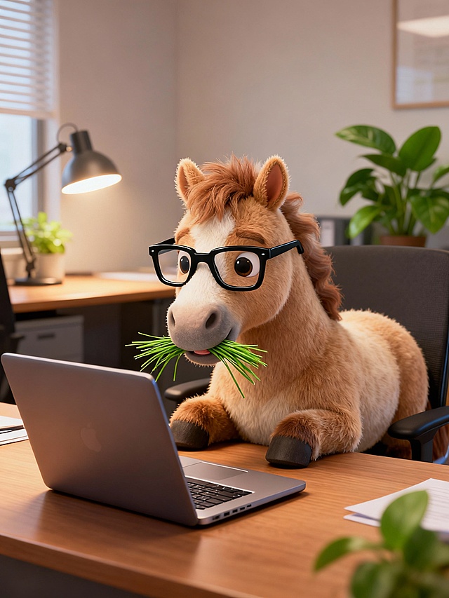 软3D风卡通马戴眼镜办公，拟人化设计融合清新趣味感，毛发生长细节精致，现代商务场景中展现幽默创意。