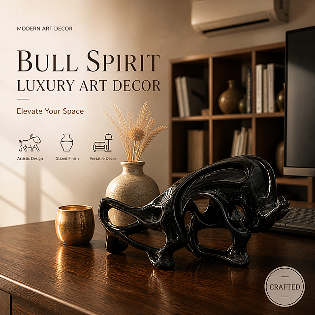 [单张主图] Black abstract bull art sculpture decor, premium atmospheric style, main image goal: use space scene and product texture to establish high-end feel, clearly convey core selling points in English, attract home decor buyers.

[画面主体] A black abstract bull-shaped art sculpture placed slightly right of center, occupying about 45% of the frame, complete and uncropped, 45° slightly side angle, facing left front. The sculpture strictly follows the uploaded product image, fully retaining all visible components, contour shape, hollow structure, proportions, glossy ceramic glaze texture, pure black color, completely consistent with the uploaded image. Glaze reflection is delicate, highlights are soft, reflecting ceramic quality.

[构图版式] Left-text right-product premium layout. Left 40% area with negative space for text, right 60% for product and scene. Product placed on dark walnut wood desk with natural wood grain texture, soft contact shadow at the base, no floating.

[场景元素] Background is a modern luxury study corner, overall warm brown and coffee tones. Background with shallow depth of field, faintly visible: ① back wooden open bookshelf with a few books and small ceramic vases; ② left side of desk with a beige rough pottery vase with dried flowers; ③ beside it a bronze metal scented candle cup; ④ distant wall with white minimalist wall-mounted air conditioner; ⑤ right side shows corner of black narrow-bezel monitor and dark gray keyboard. Overall rich soft furnishings but not competing with the subject, creating warm lived-in home atmosphere.

[文案版式] All text placed in left negative space area, not overlapping the product. Top left has small English decorative text "MODERN ART DECOR", thin sans-serif, dark coffee color. Below is the main title "BULL SPIRIT" on first line in largest size, second line "LUXURY ART DECOR" at about 60% size of first line, both thin serif font, dark coffee color, restrained weight. Below main title is subtitle "Elevate Your Space", about 35% of main title size, light coffee color. Further down are 3 line-art icon selling points arranged horizontally, each icon with one line of English text below: ① abstract bull shape icon + "Artistic Design"; ② ceramic glaze icon + "Glazed Finish"; ③ home scene icon + "Versatile Decor". Icons are thin line style, dark coffee color, text size smaller. Bottom right corner has a small round seal-style label with text "CRAFTED", dark coffee thin border.

[光影质感] Main light from left front 45° oblique angle, simulating afternoon window light, soft diffused, illuminating front and top of the sculpture, glaze reflecting warm brown ambient color, dark areas mapping dark walnut color halo, naturally integrated with the environment. Soft contact shadow at product base. Overall warm tone background, even lighting, no hard shadows, airy and light mist feel.

[配色字体] Main colors: warm brown coffee, dark walnut, off-white; secondary colors: bronze gold, black (product color); accent color: dark coffee (text). Fonts: main title thin serif style, restrained weight; auxiliary text and icon descriptions light sans-serif; English decorative text thin sans-serif. Overall hierarchy through whitespace and alignment, no bold heavy text.

[比例分辨率] Strictly locked aspect ratio 1:1, 2K resolution, all text clearly legible, product sharp and clear.

[负向提示词] Product deformation, structural errors, missing hollows, glaze texture distortion, color deviation, text typos, blurry text, fake logos, watermarks, platform logos, subject obscured, cluttered background, low resolution, floating feeling, hard edge cutout feel, cheap HDR, over-sharpening, bold heavy text, promotional stickers, price tags, Chinese characters.