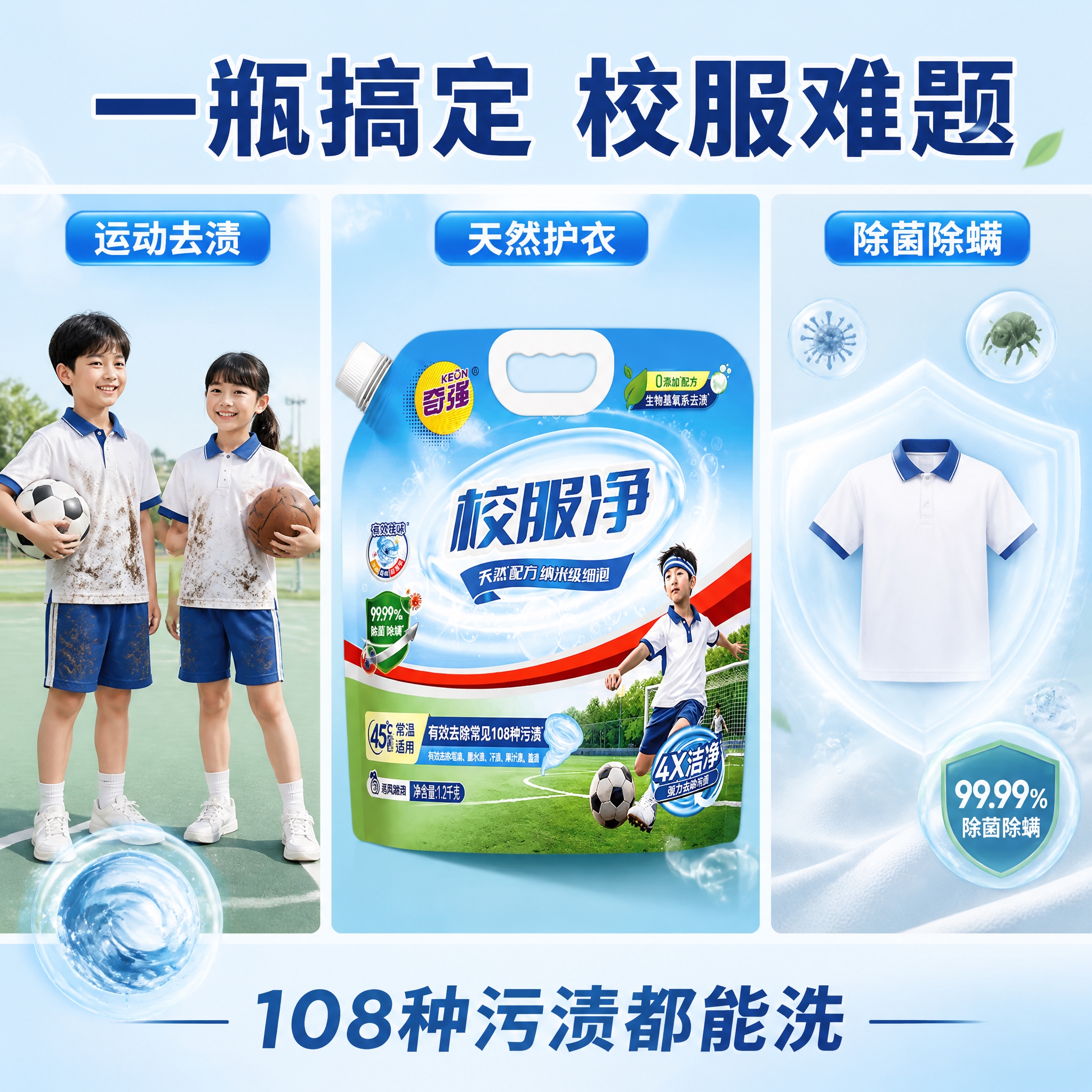 第4张 抖音主图，奇强校服净，多场景三宫格展示。使用图1作为商… - 图片创意预览