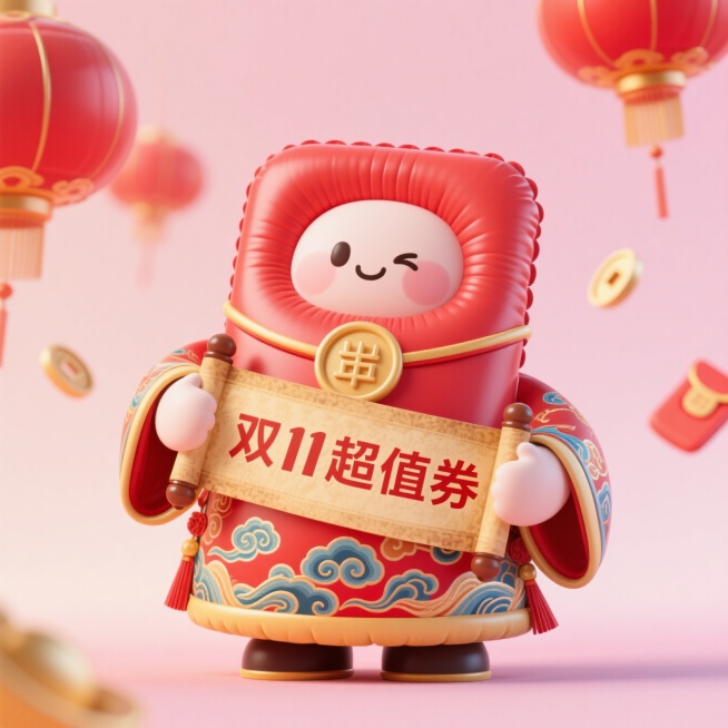 一个中国风的红包拟人形象，身着带有传统祥云纹样的服饰，手持写有“双 11 超值券”的古风卷轴，背景是点缀着红灯笼的淡粉色渐变场景。预览效果