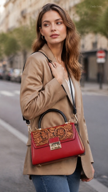 [第6屏] 模特主造型展示，欧美模特斜挎 Oriental Intangible Heritage Hand-carved Leather Women's Bag，展示整体穿搭效果，保持包包颜色、结构预览效果