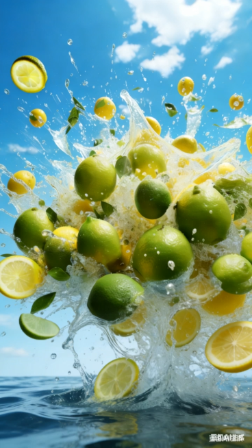 起始帧以高速动态低角度仰拍，跟随青柠冲破水面，背景是澄澈蓝天与飞溅的水珠、柠檬叶；镜头随青柠下沉，缓慢推镜旋转，从动态水花过渡到静谧水面，虚化背景聚焦青柠；接着推近镜头穿过涟漪，聚焦青柠表皮纹理，随后预览效果