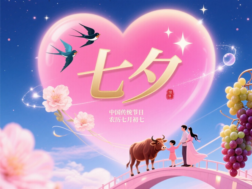 横向金色文字"七夕"要柔和些加小标题”中国传统节日“ ”农历七月初七“和小印章。创意字体设计点缀两只喜鹊、花朵元素，线条流畅，高级感，粉色背景，高纯度配色。天空设计一些闪亮的心型汽泡，闪闪的星星环绕成预览效果