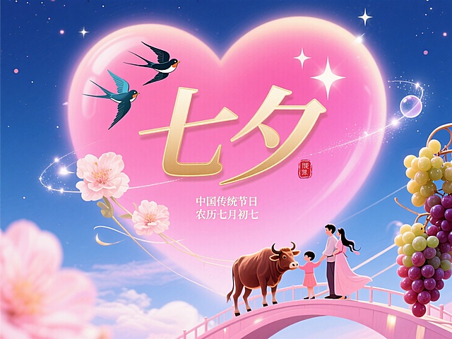 梦幻插画风，拟人牛郎织女桥上相会，心形月亮映衬七夕浪漫。