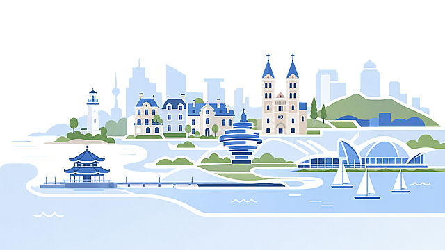 参考参考图的极简扁平几何风格，生成长方形青岛景点导览图，使用蓝白绿色调，块面化简约设计，展示青岛标志性景点建筑，简洁干净的插画风格