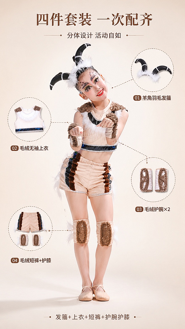 [第3屏] 套装全貌-分体四件套结构解析页。本屏使用【图3】展示全套服装结构。
[氛围/风格] 清新展示风，浅色系背景，结构清晰，商业产品摄影质感。
[元素布局] 中央为穿着全套小羊舞蹈服的小女孩正面造型，占比约55%；四周用引线标注四件单品：上方标注「羊角羽毛发箍」，左上方标注「毛绒无袖上衣」，右下方标注「毛绒护腕×2」，下方标注「毛绒短裤+护膝」；背景为浅米色渐变，底部有柔和投影；服装各部件结构与输入图完全一致。
[光影质感] 上方均匀柔光，四周轻微暗角，突出主体，毛绒材质纹理清晰可见。
[配色色系] 全局底色 #FAF7F2 奶白色；主色浅棕、米白；辅助色深棕引线、蓝色亮片；点缀色白色羽毛。
[视角构图] 正面居中构图，人物为中心，引线向四周发散，阅读动线中心人物 → 四周标注。
[文字版式] 顶部主标题「四件套装 一次配齐」，副标题「分体设计 活动自如」；四周引线标注配小圆标签，文字简洁清晰；底部小字说明「发箍+上衣+短裤+护腕护膝」；字体清晰易读，标签用圆角底纹。
[比例分辨率] 9:16 竖版比例，4K分辨率，文字清晰可辨，高清画质。
[负向提示词] 人物变形，服装结构错误，颜色偏差，水印，文字错乱，产品图模糊，背景杂乱。