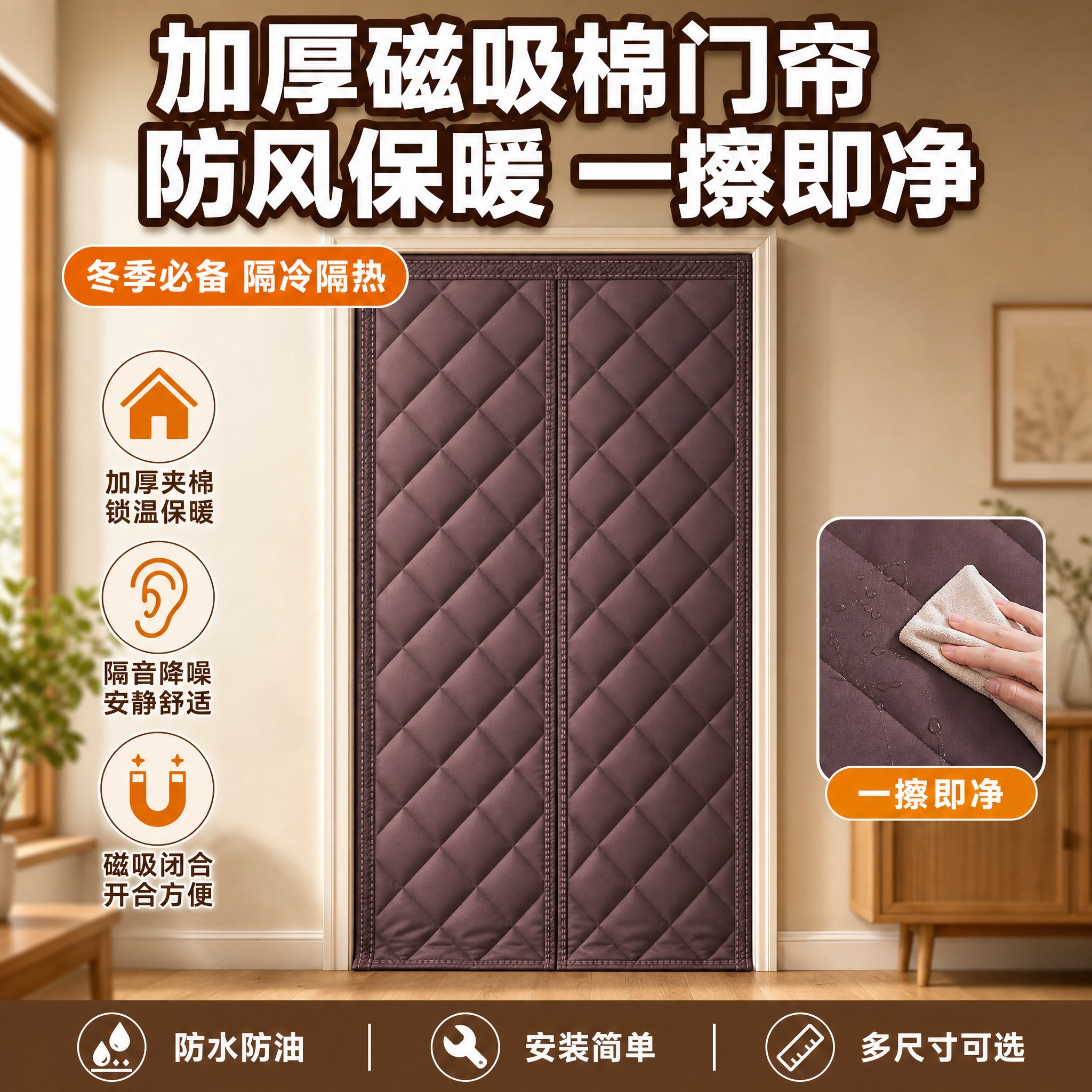 [单张主图] 咖啡色加厚磁吸棉门帘，拼多多爆款促销感主图，1:… - 图片创意预览
