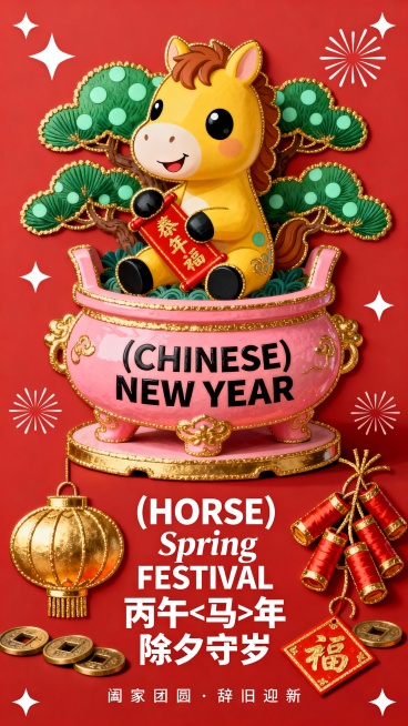 一个粉色的招财鼎中的新春场景（鼎侧面印有微小的黑色无衬线英文 “(CHINESE) NEW YEAR”。主角是一条探出头来的 Q 版黄色小马（拥有圆润的黑色眼睛，表情呆萌可爱），小马两只前蹄抱着一副红预览效果