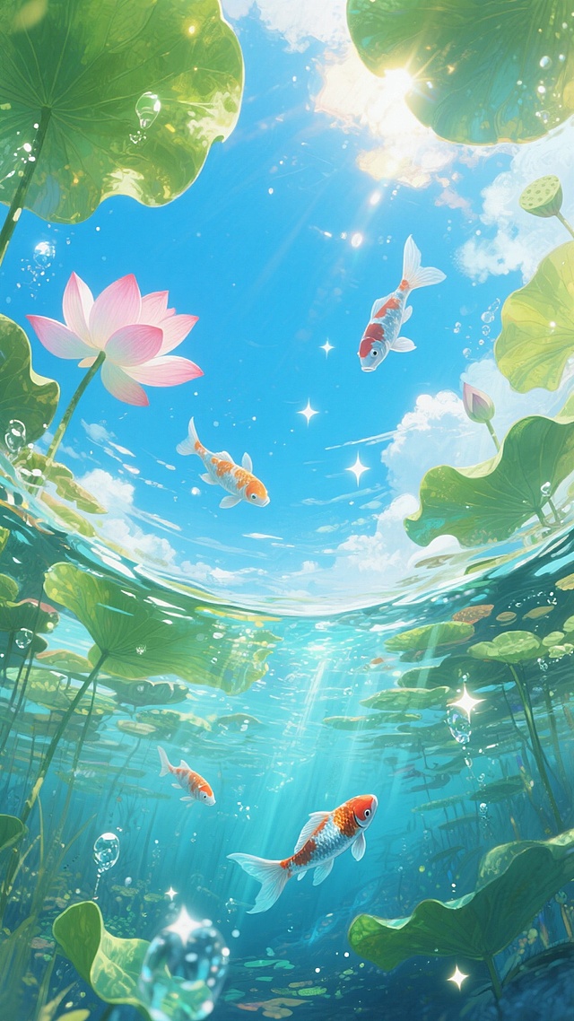 从池塘的水底仰视上方的荷叶荷花的水下世界视角，水底占画面三分之二之多，游过几条锦鲤。阳光照射水面形成星星点点的亮光。夏日的蓝天白云。大透视，生动，动态感，斑驳的光影，特写