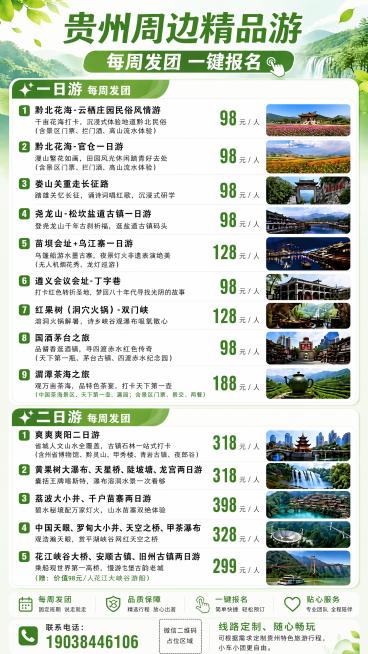 修改现有旅游海报：
1. 将一日游路线"黔北花海-官仓"修改名称为"黔北花海-官仓一日游"
2. 将二日游路线"荔波大小井、千户苗寨两日游"修改为"荔波小七孔、千户苗寨两日游"
3. 替换一日游三条线预览效果