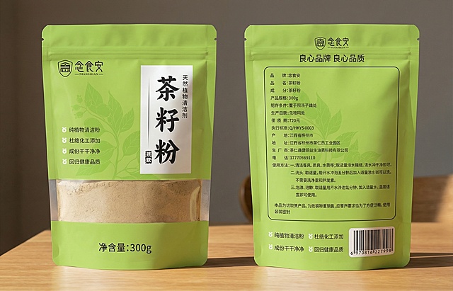 帮我按参考图生成正反面自立袋装，袋子的红色区域放入淡棕色粉末，文字清晰