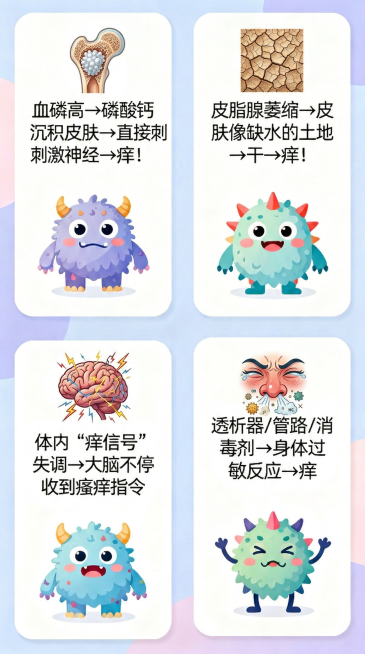 将图片内小图标按右到左、上到下顺序调整为：🦴磷沉积、💧皮肤干燥、🧠神经失衡、🤧过敏因素，保持原有卡片风格和怪兽图案不变预览效果