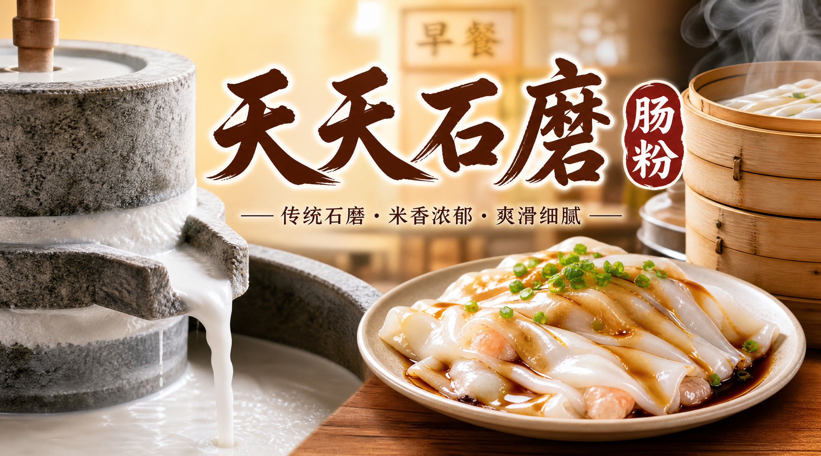 早餐店店招设计，店名"天天石磨肠粉"，真实写真风格，画面左侧是… - 图片创意预览