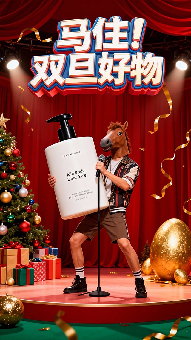 围绕模特构图，带棕色马头面具的模特（时尚年轻的穿搭）手持超级巨大化的产品摆出活泼的姿势握着前面的立麦在一个舞台上，舞台上搭配礼盒、彩球、圣诞树和金蛋，周围飘着金色彩带制造氛围；画面顶部巨大的3D创意变形艺术字 “马住！双旦好物”，综艺宣传海报风格，背后的红幕布+墨绿色地面