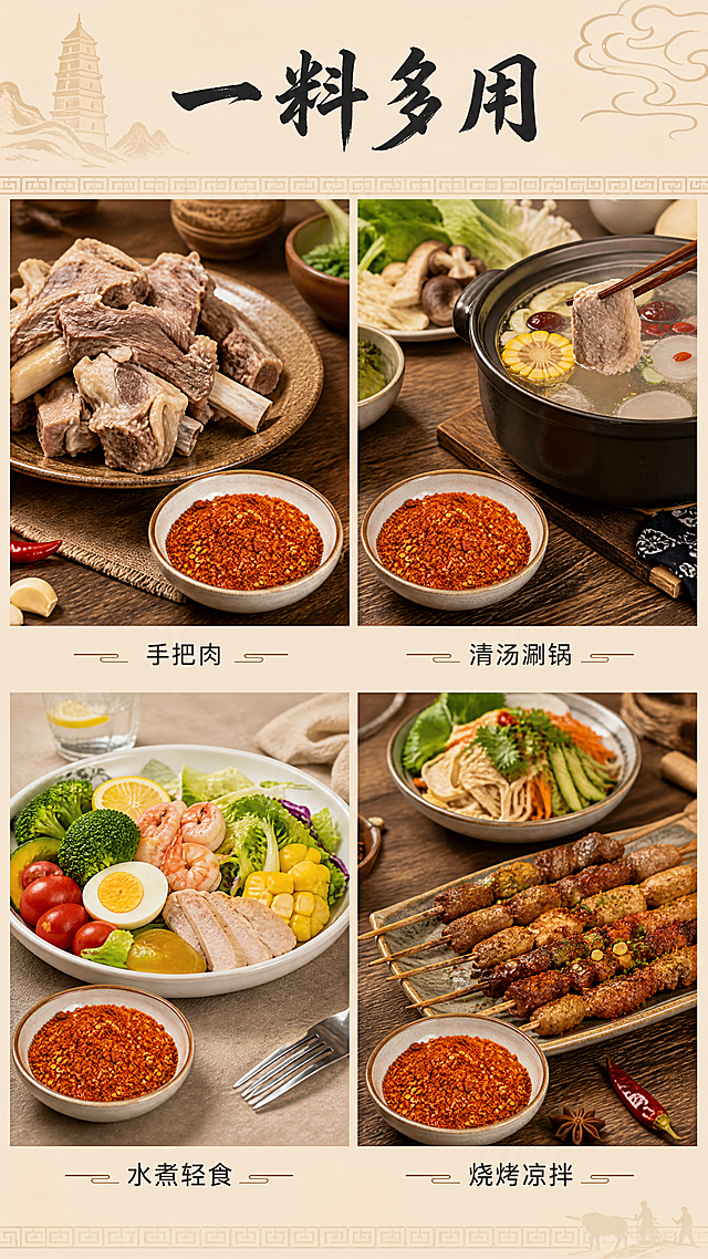 [第6屏] 一料多用卖点展示页-三秦椒粹辣椒蘸料。
[氛围/风格] 陕西传统文化风格，多场景美食展示，丰富不杂乱，接地气美食摄影。
[元素布局] 本屏使用【图1】作为产品主体，保持辣椒面颗粒结构、颜色质感与输入产品图一致。采用2×2四宫格排版，每个宫格展示一种吃法场景：手把肉蘸食、清汤涮锅、水煮轻食、烧烤凉拌，每个场景都搭配小份三秦椒粹蘸料，产品占每个宫格约15%位置，突出搭配效果。
[光影质感] 整体光线均匀，每个场景光影自然一致，食材清晰有食欲，没有死黑阴影。
[配色色系] 全局底色：#F5E7D3（米黄土色）；主体配色：#D9381E（辣椒红）+#F2BC3D（辣椒籽黄）+#8B5A2B（陶土棕）；辅助色：#333333（文字深棕）。
[视角构图] 四宫格等分构图，每个场景平视角度，竖向整体排版。
[文字版式] 顶部大标题 "一料多用"，书法感字体深棕色纯色填充，居中排列，字号占画面高度7%；每个宫格下方标注场景名称：手把肉、清汤涮锅、水煮轻食、烧烤凉拌，小字号清晰标注，不遮挡食材。全程统一使用：标题带适度书法感，正文同家族无衬线，全套仅深棕色一种字色，纯色填充字效。
[比例分辨率] 9:16 竖版比例，4K分辨率，文字清晰可辨，超高清。
[负向提示词] 辣椒面变形，颗粒结构错误，颜色偏差，水印，文字错乱，产品图模糊，背景杂乱，极限词，违规宣传。