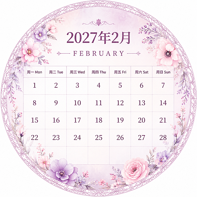 2027年2月圆形日历设计，正圆形构图。顶部显示"2027年2月"和"FEBRUARY"标题。日历表格：第一行为星期表头，从左到右依次为"周一 Mon""周二 Tue""周三 Wed""周四 Thu""周五 Fri""周六 Sat""周日 Sun"，统一汉字加英文缩写格式。日期准确：2月1日是星期一，2月共28天。圆形背景为温馨粉紫色调，带浪漫花朵装饰，边缘有精致圆形花纹边框。风格简约现代清新雅致。