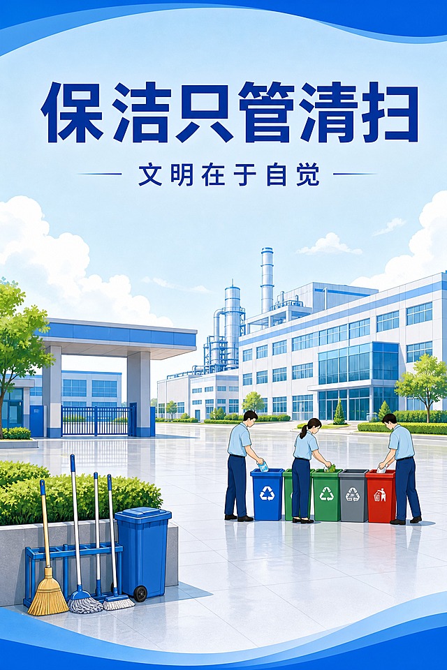 厂区环境卫生宣传海报，扁平插画风格，清爽简约，蓝白主色调。画面主体：整洁干净的厂区大门或休息区全景，地面一尘不染，环境井然有序。一旁整齐摆放着清洁工具（扫帚、拖把、垃圾桶），但保洁人员不在画面中，暗示环境整洁靠的是大家的自觉。几位员工自觉地将垃圾投入分类垃圾桶，行为文明。背景是蓝天白云下的现代化工厂建筑，光线明亮通透。整体氛围清爽、简约、文明有序。画面中只出现以下文字，不得重复出现，不得添加其他任何文字内容：主标题大字醒目："保洁只管清扫"，副标题："文明在于自觉"。版式精美，文字清晰可读，四周留足安全边距。画面中不得出现任何二维码图案。