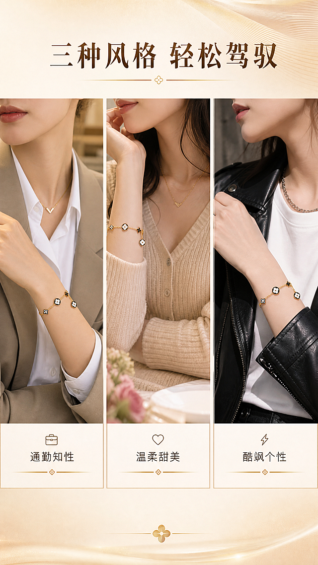 [商品] 使用【图1】金色白贝母四叶草钛钢手链；手链佩戴在手腕上，搭配不同风格服饰；保留手链所有设计细节。
[画面] 目标：搭配灵感参考，提供穿搭思路。三宫格横向拼图布局，展示三种风格搭配：左-简约通勤风（白衬衫+西装外套），中-温柔约会风（针织连衣裙），右-酷飒街头风（皮衣+白T）；每格都是上半身局部，重点展示手腕处的手链；背景为对应风格的场景色调。
[视觉] 套系策略：风格=轻奢高级商业珠宝摄影；标题字=优雅衬线粗体；正文字=简洁现代无衬线体；主色=暖金+米白；背景延展=基于暖金米白做深浅渐变、柔光层次和细腻质感；强调色=香槟金，仅用于小面积图标、引线和装饰线条；标题色=深棕金；正文色=暖灰棕；组件=细金线信息卡、优雅分割线；光影=每格自然暖光，手链光泽统一。
[文字] 顶部通栏主标题「三种风格 轻松驾驭」，每格下方配风格标签：通勤知性、温柔甜美、酷飒个性；文字简洁明了。
[规格] 图片比例9:16竖版，2K，避免变形、错字、文字过小、手链颜色不一致。