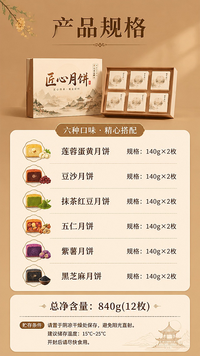 [第8屏] 产品规格信息说明页，汇总全部口味和规格参数，排版清晰有设计感，统一背景暖棕色。
[氛围/风格] 干净清晰信息展示，暖调简洁风格。
[元素布局] 顶部品牌礼盒小图展示，中部分区域列出全部6种口味，每种口味标注名称和规格，底部标注总净含量和贮存信息，信息分区排版，错落有序不拥挤，留白舒适。
[光影质感] 均匀柔光，文字清晰，整体干净通透。
[配色色系] 统一暖棕色背景 #BB9468，米白色色块衬托信息文字，深棕色文字，清晰易读。
[视角构图] 从上到下信息排列，中心对齐排版，清晰易读。
[文字版式] 顶部主标题 "产品规格"，然后分区域排列每种口味，每行一个口味，标注名称和规格，底部标注总净含量 "总净含量：840g(12枚)" 和贮存条件，文字大小适合移动端阅读，清晰不拥挤，温润宋体，深棕色字，保持全套风格一致。
[比例分辨率] 9:16竖版，4K高清，文字清晰可读。
[负向提示词] 文字错乱，信息错误，背景杂乱，水印