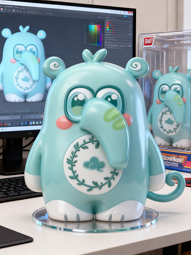 将这个图片制作成一个商业化1/7比例手办，风格写实，环境逼真。手办放置在电脑桌上，配有一个圆形透明亚克力底座，底座上没有文字。电脑屏幕上显示着手办的Zbrush建模过程。电脑屏幕旁边是一个万代风格的透明玩具盒，上面印有原始画作。