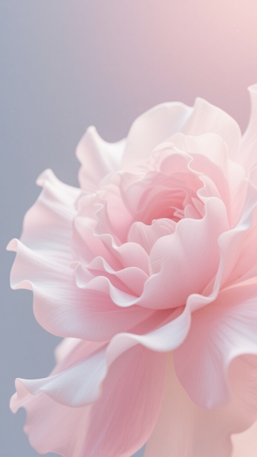 一张以柔和渐变的粉色与白色为主色调的背景图，画面中呈现出大朵盛开的花朵形态，花瓣边缘呈现出细腻的波浪状曲线，具有丝绸般光滑柔软的质感，整体光影柔和，高光从上方洒落，营造出梦幻、浪漫、温馨的氛围，没有任何文字和装饰元素，只有纯粹的花背景设计，视觉上给人轻盈、舒适、纯净的感觉。预览效果