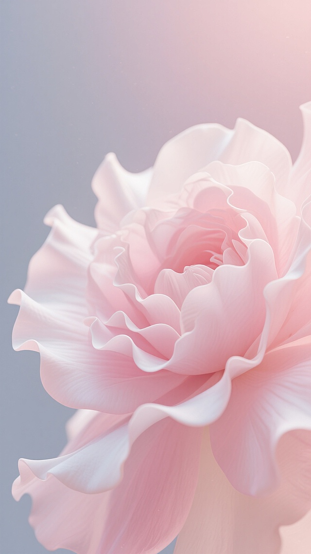 一张以柔和渐变的粉色与白色为主色调的背景图，画面中呈现出大朵盛开的花朵形态，花瓣边缘呈现出细腻的波浪状曲线，具有丝绸般光滑柔软的质感，整体光影柔和，高光从上方洒落，营造出梦幻、浪漫、温馨的氛围，没有任何文字和装饰元素，只有纯粹的花背景设计，视觉上给人轻盈、舒适、纯净的感觉。